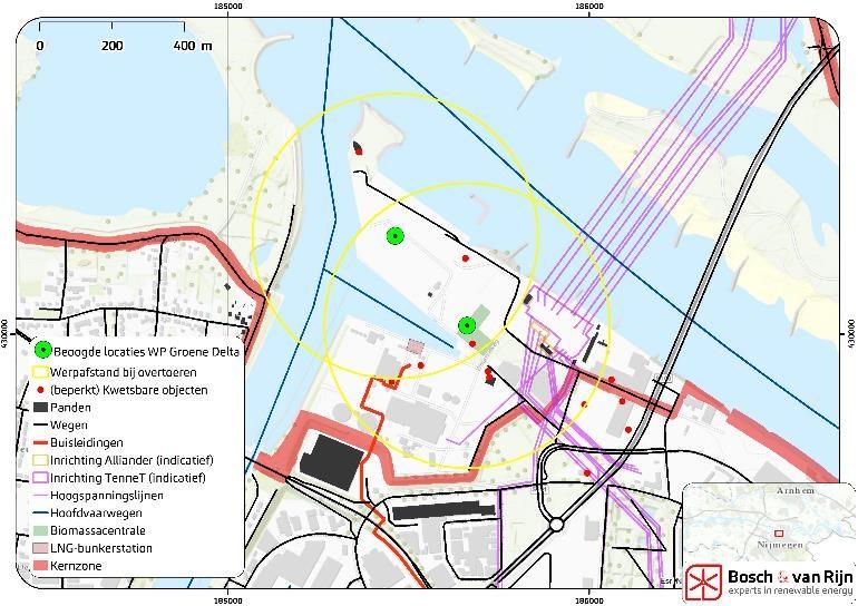 Figuur 2 Werpafstand bij overtoeren van de ondergrens met voor Externe Veiligheid relevante onderwerpen van waterkering Uit bovenstaande figuur blijkt dat de volgende onderwerpen relevant 4 zijn: