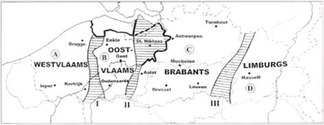 14 Kaart 1: De grote dialectgebieden uit Nederlandstalig België volgens Taeldeman (20
