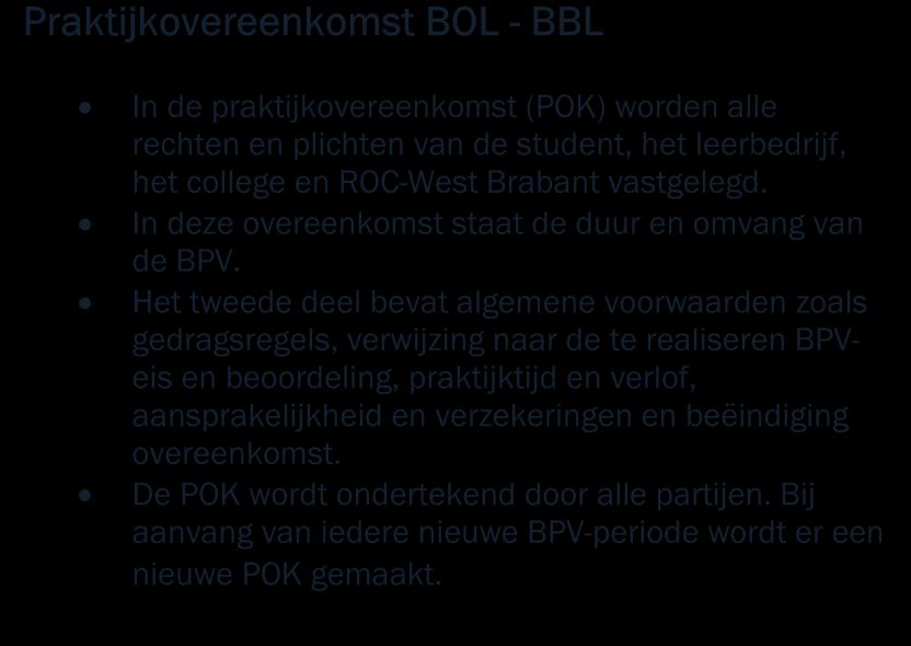 1.9.1 Praktijkovereenkomst Praktijkovereenkomst BOL - BBL In de praktijkovereenkomst (POK) worden alle rechten en plichten van de student, het leerbedrijf, het college en ROC-West Brabant vastgelegd.