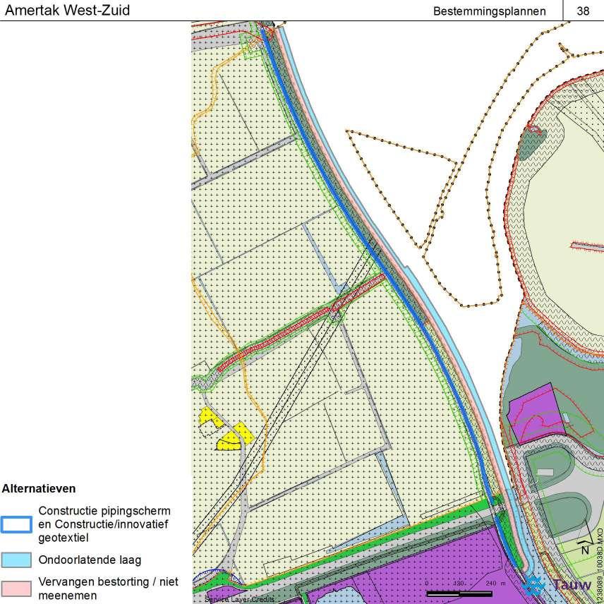 Amertak West Zuid Bij het dijktraject Amertak West Zuid zijn enkel de alternatieven met een constructieve oplossing (pipingscherm of zanddicht geotextiel) of het aanbrengen van een ondoorlatende laag