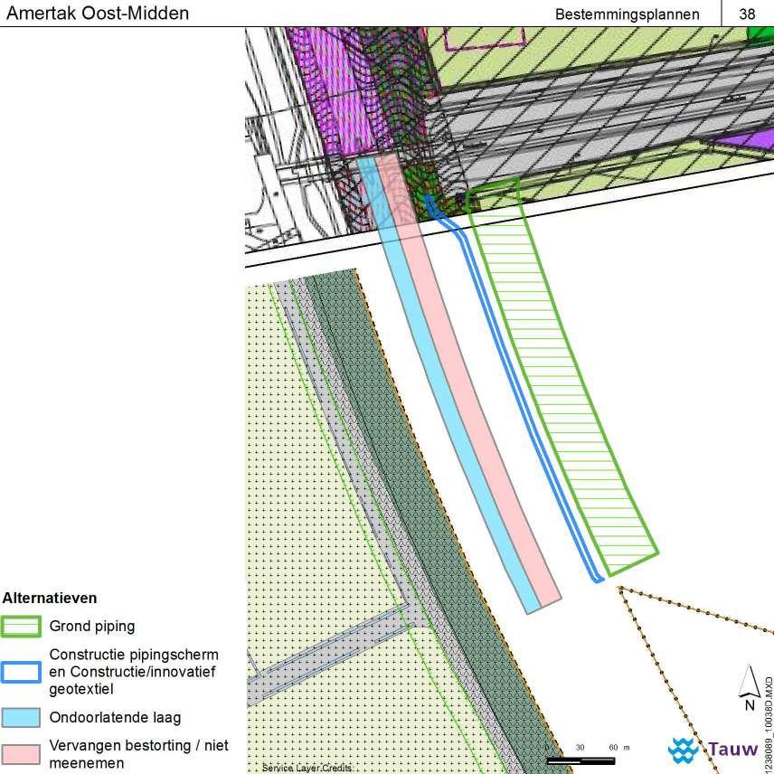 Amertak Oost Midden Bij het dijktraject Amertak Oost Midden hebben de alternatieven met een constructieve oplossing (pipingscherm of zanddicht geotextiel) geen ruimtebeslag op de achterliggende