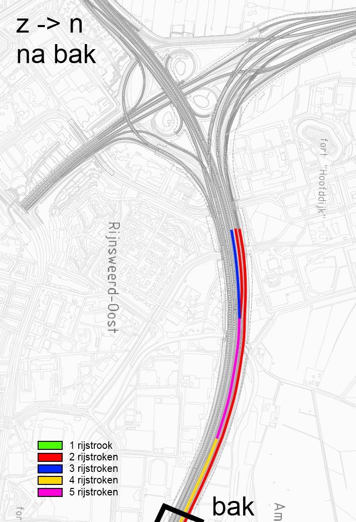 Afbeelding 2.6. Aantal rijstroken zuid noord na de bak Een voordeel kan behaald worden door de splitsing uit afbeelding 2.5 te combineren met de tapersamenvoeging uit afbeelding 2.4.