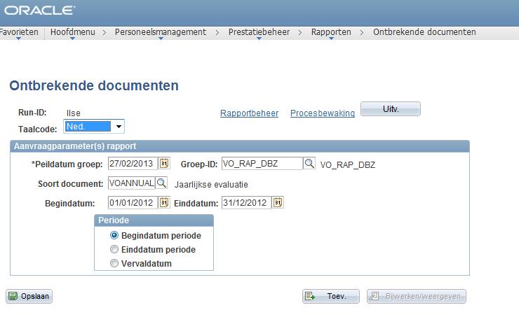 3 Vul in het tabblad aanvraagparameter(s) rapport de gewenste parameters in. Vul een Peildatum groep in steeds de huidige datum invullen (dit is voor het bepalen van de geldigheid van de groep-id).