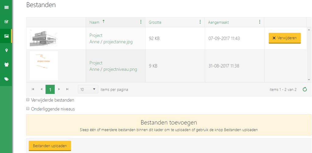 Bestanden Bij allerlei onderdelen in BRIStoets kunnen eigen bestanden worden opgeslagen. Bijvoorbeeld bij projecten, deelprojecten en checklists.