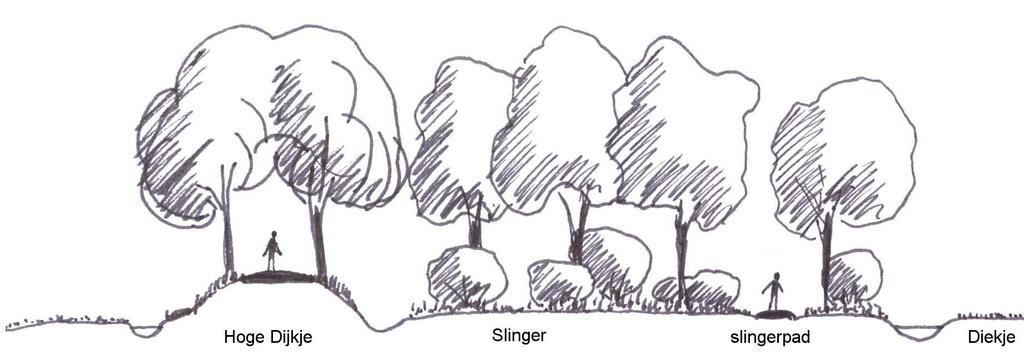 Hoge Dijkje watergang slingerpad laanbeplanting solitaire sierbomen sierheesters gras Afb. 3.13 Streefbeeld voor het Hoge Dijkje, watergang en Slinger.