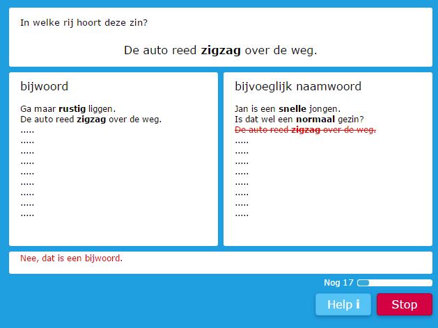 Oefening C4 is van het type Rijen. Leerlingen moeten aanwijzen in welke rij een dikgedrukt woord hoort: is het een bijvoeglijk naamwoord of een bijwoord.