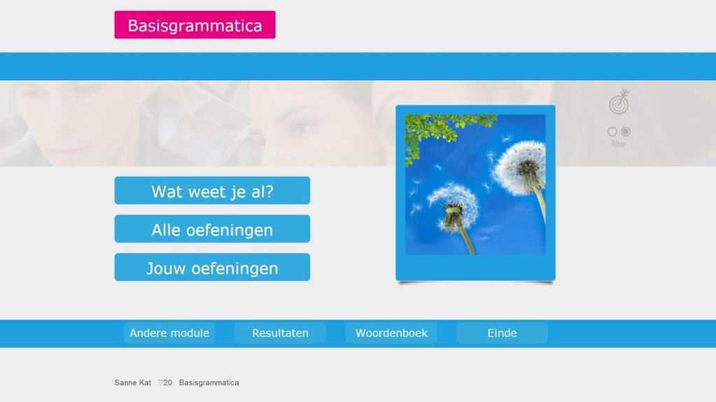 Het hoofdscherm van Basisgrammatica. Pas na het maken van een diagnostische toets (Wat weet je al?