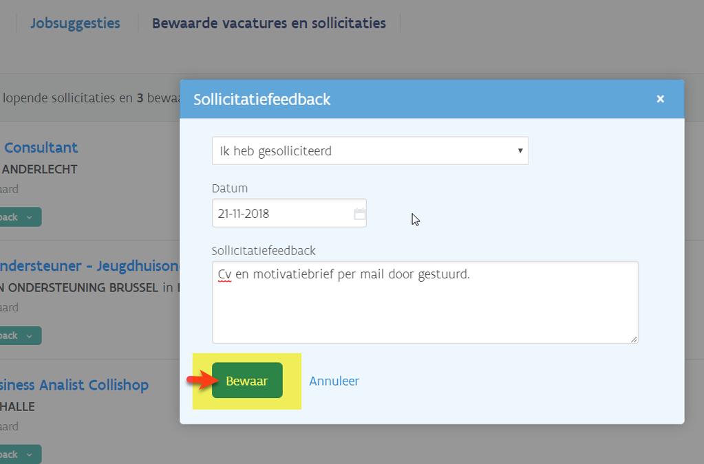 Na het klikken op Bewaar wijzigt het label op de vacature van