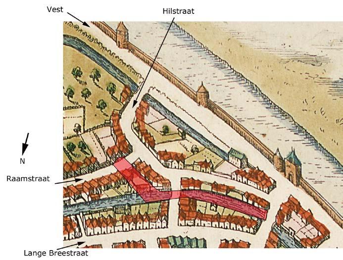 Rioolvervanging Elfhuizen, Dordrecht Ondergronds 81 Afb. 4. Het onderzoeksgebied op een uitsnede van een kaart van Braun uit 1574.