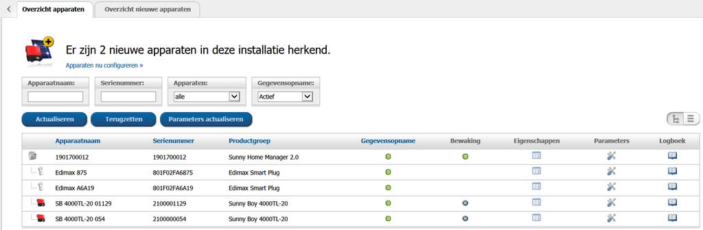 SMA Solar Technology AG 9 Pagina- en menuselectie Overzicht apparaat Het tabblad geeft informatie over alle apparaten van uw PV-installatie.