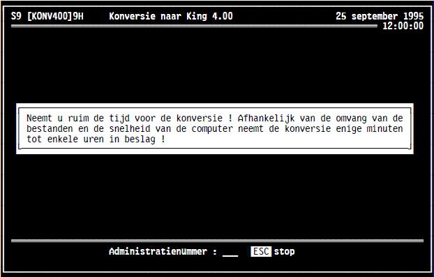 Administratienummer : Voer hier het nummer in van de te converteren administratie. Let op: is uw administratie van release 3.10 of ouder, dan verloopt de conversie naar King 4.22 in twee stappen.