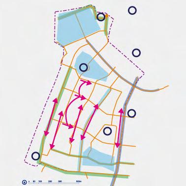 In de rechter figuur zijn de problemen aangegeven die bij oriëntatie kunnen spelen. De noord-zuid verbindingen in de wijk zijn lang.