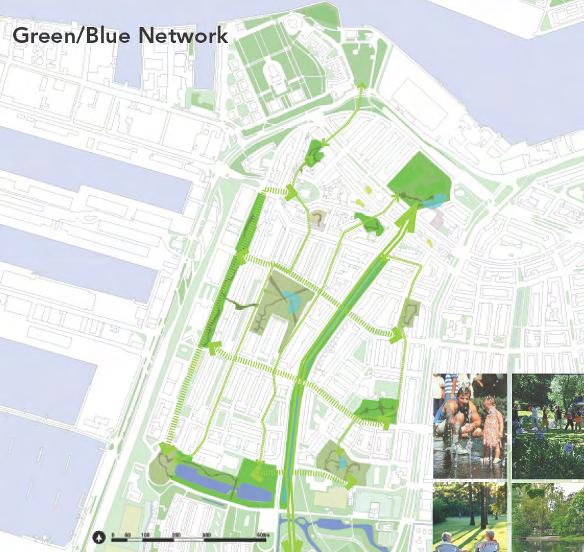 Groenblauwe structuur De geïsoleerde groengebieden in de wijk worden met elkaar verbonden.