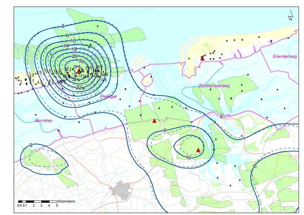 Figuur 4; Totale bodemdaling (status contour 1-1-2017) door gaswinning sinds de start van de Ameland en Anjum productie.