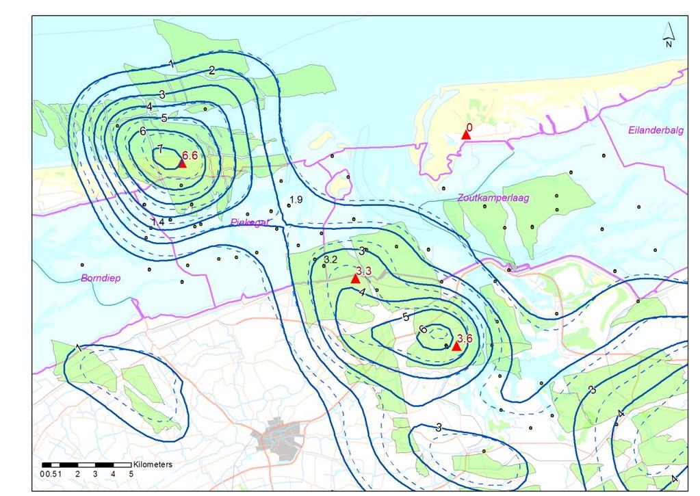 Figuur 5 Bodemdaling (status contour 1-1-2016) door gaswinning sinds de nulmeting Waddenzee in 2006.