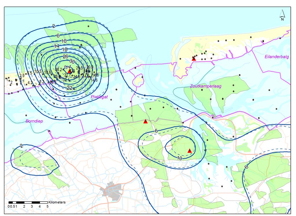 Bijlage 1. Gemodelleerde en gemeten bodemdaling totaal en sinds 2006 Totale bodemdaling (status contour 1-1-2017) door gaswinning sinds de start van de Ameland en Anjum productie.