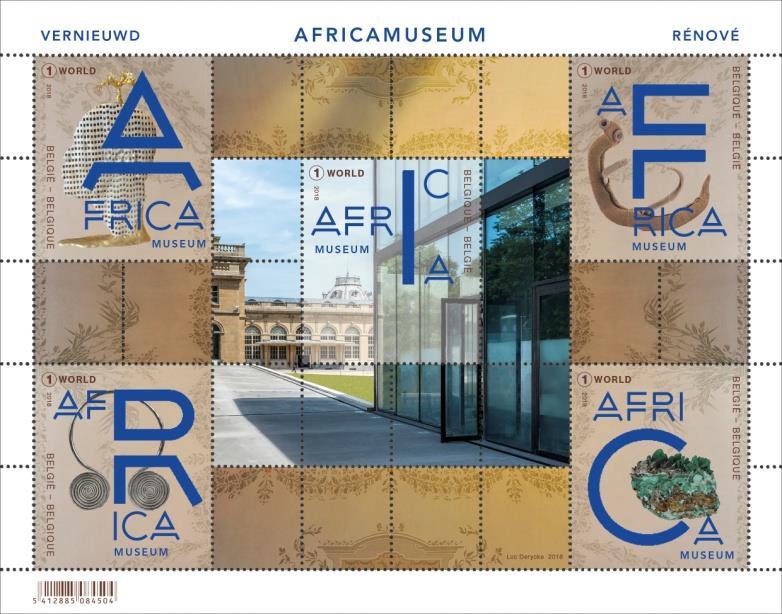 Op de vijf postzegels zien we links bovenaan een beeld van de Congolse kunstenaar Aimé Mpané, rechts de schistomiasis-parasiet.in het midden : detail van het nieuwe paviljoen en het museumgebouw.
