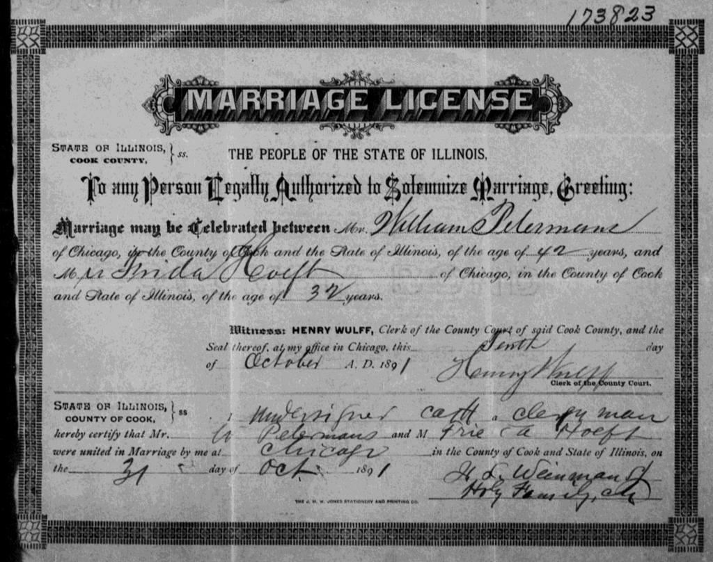 Na negen jaar in Chicago te zijn, huwde William Petermans opnieuw op 44-jarige leeftijd op 31 oktober 1891 met de Duitse immigrante Frida Hoeft. Frida Hoeft had ook reeds een kind, nl.