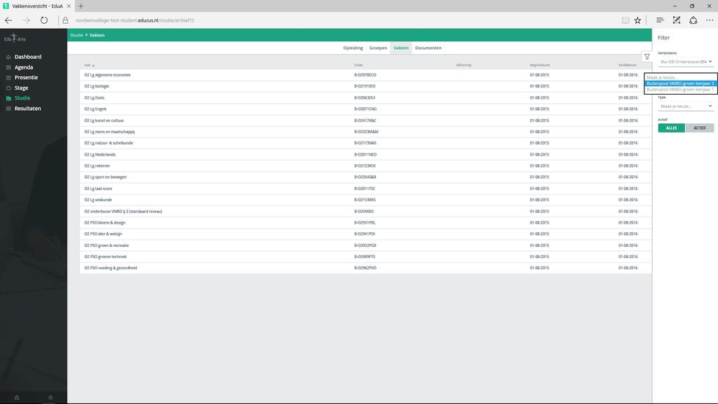 Op het tabblad Vakken kun je met verschillende filterinstellingen de vakken bekijken.