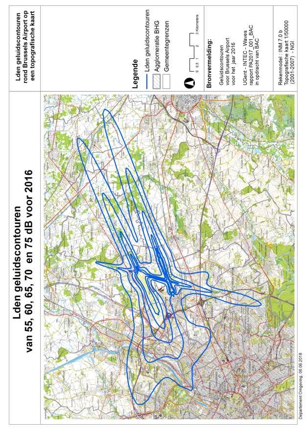 Figuur B-2 : Lden geluidscontouren voor 2016 op een topografische kaart 18.10.