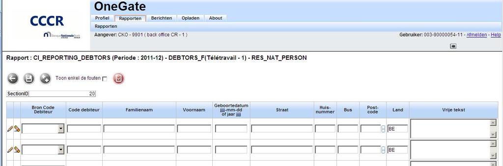 Voorstelling van de applicatie Scherm 8: Invoer - lijstvorm Een leeg rapport (Status=Initieel) heeft een vast aantal lijnen. Het icoon aan de lijst.