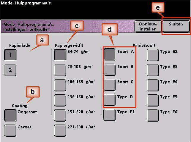 Ontkrullerinstellingen voor papiersoort A - D DocuColor 7002/8002 c. Maak uw keuze in het menu Papiergewicht. d.