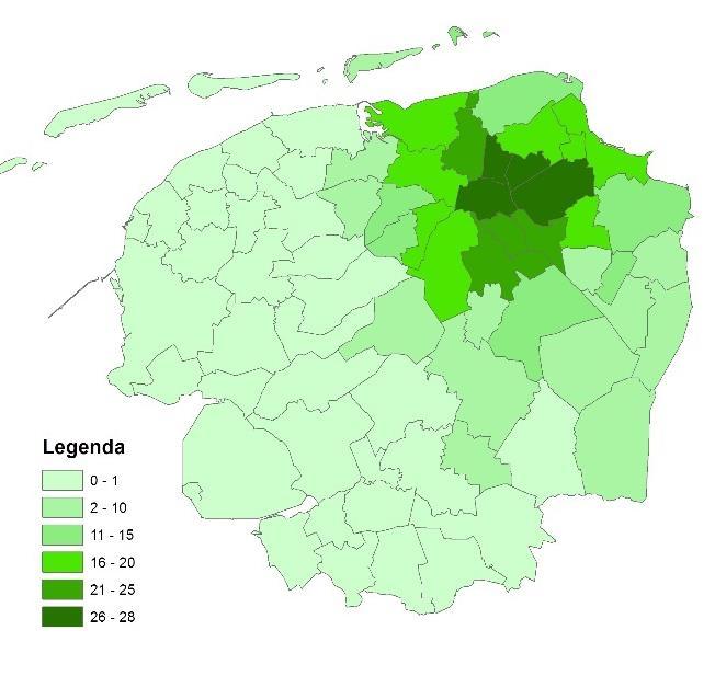 In onderstaande figuur is te zien dat bewoners van gemeenten in heel het Noorden de theaters en sportwedstrijden in de stad Groningen bezoeken.