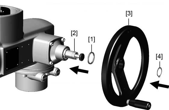Montage SQEx 05.2 SQEx 14.2 / SQREx 05.2 SQREx 14.2 4. Montage 4.1. Montagepositie AUMA aandrijvingen kunnen zonder beperkingen in iedere montagepositie worden toegepast. 4.2. Handwiel monteren Afbeelding 6: Handwiel [1] Vulring [2] Ingaande as [3] Handwiel [4] Circlip 4.