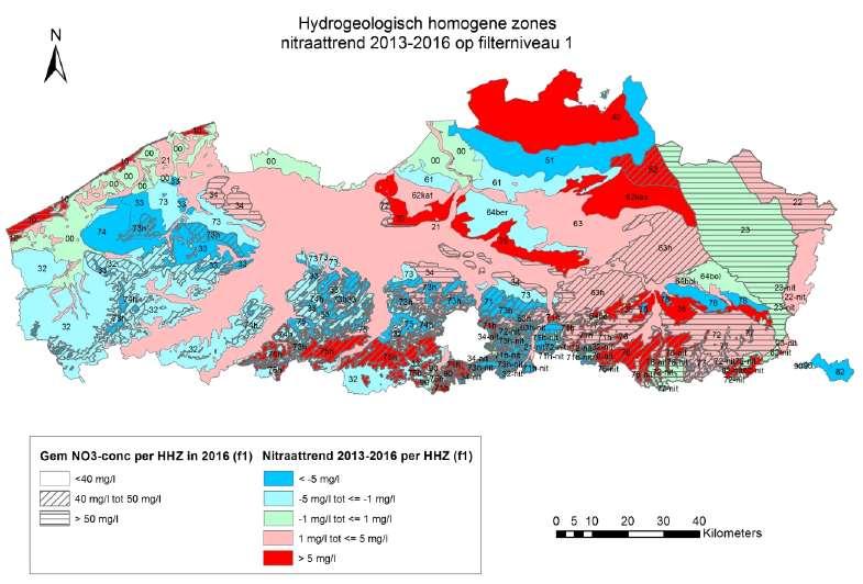 Figuur 5-56 Evolutie van de nitraatconcentratie op filterniveau 1 van het freatische grondwatermeetnet per HHZ in de periode 2013-2016 (bron: VMM) In MAP4 werden bijkomende doelstellingen voor
