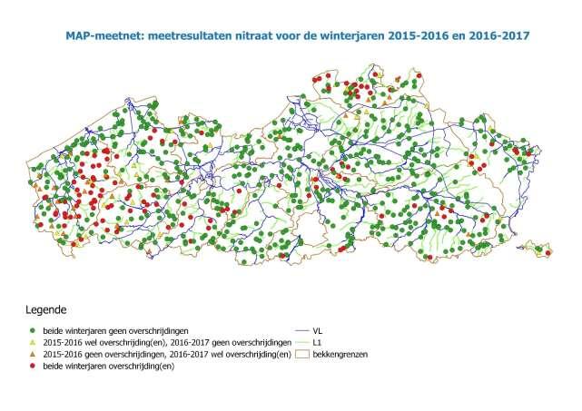 Figuur 5-7: Meetplaatsen met en zonder overschrijding van de drempelwaarde voor de 2 laatste winterjaren (Bron: VMM) Figuur 5-8 toont het percentage meetplaatsen met overschrijding per bekken.