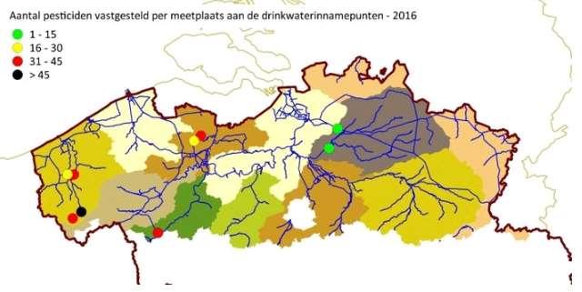 Figuur 5-30: aantal pesticiden vastgesteld per meetplaats aan de drinkwaterinnamepunten 2016 5.2.3 Waterbodem De kwaliteit van de Vlaamse waterbodems wordt al geruime tijd opgevolgd met de triademethode.