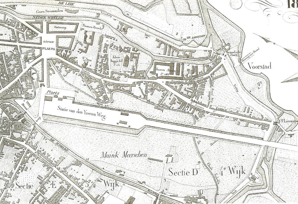 De St Pieterswijk was nu verbonden met een brug naar het Zuid- Station Plan Saurel uit 1841 Niet uitgevoerde werken. Er kwam geen straat door het verkavelingsplan en de tragel bleef zoals het was.