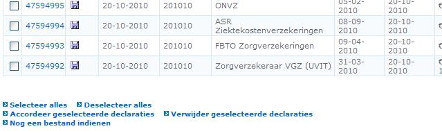 Hier moet u de declaraties nog selecteren via de knop selecteer alles Tot slot drukt u op accordeer geselecteerde bestanden U ziet vervolgens dat de declaraties zijn ingediend aan de hand van de