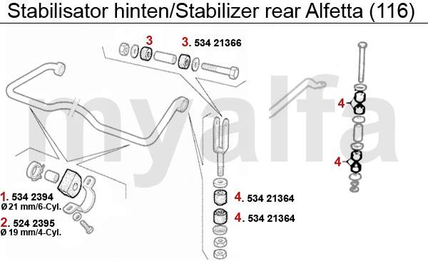 1 5342394 Stabirubber achter Alfetta,Giulietta, 75 (21mm) aantal nodig: 2 2 5242395 Stabi rubber achter 75 1.6-1.