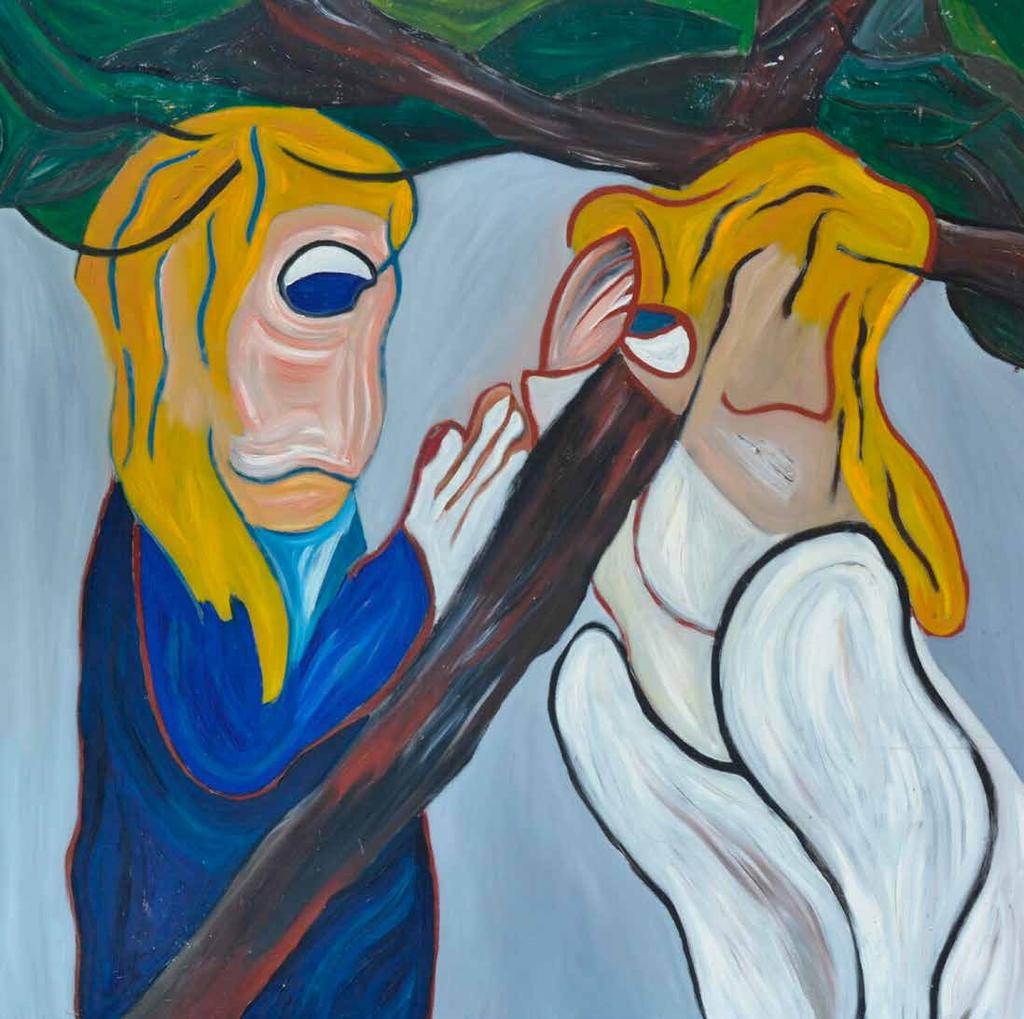 Statie 5 Bloedverwantschap Jezus ontmoet zijn moeder. Het kruis heeft een soort bladerdak. Jezus en Maria ontmoeten elkaar bij de Boom des levens, waar de kruisboom als een zwaard door haar ziel gaat.