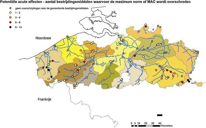 Aantal bestrijdingsmiddelen waarvoor de maximumnorm of MAC wordt overschreden in 2008-10-11 Potentiële acute effecten - aantal bestrijdingsmiddelen waarvoor de