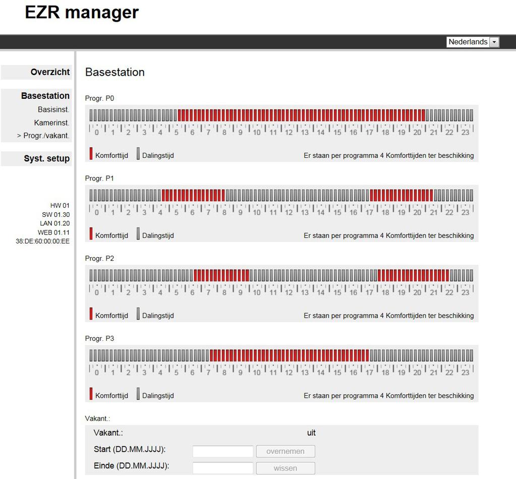 .8 Programma s/vakantie Programma P0 tot P Vier verwarmingsprogramma s maken de perfecte afstemming mogelijk van de installatie naar uw vereisten.