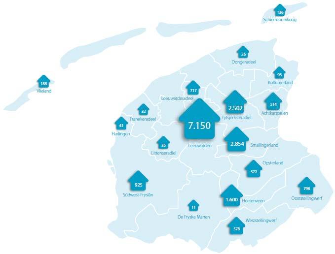 Werkgebied WoonFriesland is een sociaal verhuurbedrijf met ruim 20.000 verhuureenheden (20.143 per 31 december 2017) waarvan bijna 19.000 woongelegenheden (18.