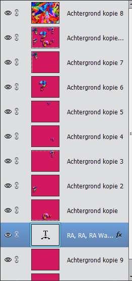 24. Dupliceer nogmaals de achtergrondlaag (zonder vraagteken) 25. Plaats de tekstlaag net boven de 2 onderste lagen. 26. Verenig de tekstlaag met de gekleurde laag er net onder. 27.