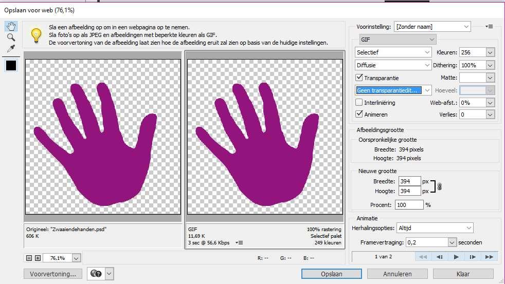 8. Sla op als ZwaaiendeHanden.pse 9. Sla het bestand nu ook op om op het internet als animated gif te kunnen dienen.