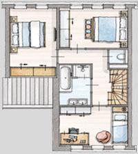 Eerste verdieping bij toepassing Woonsfeer Praktisch 1 (tekening V-452) - badkamer centraal in de woning - loze leiding in de hoofdslaapkamer