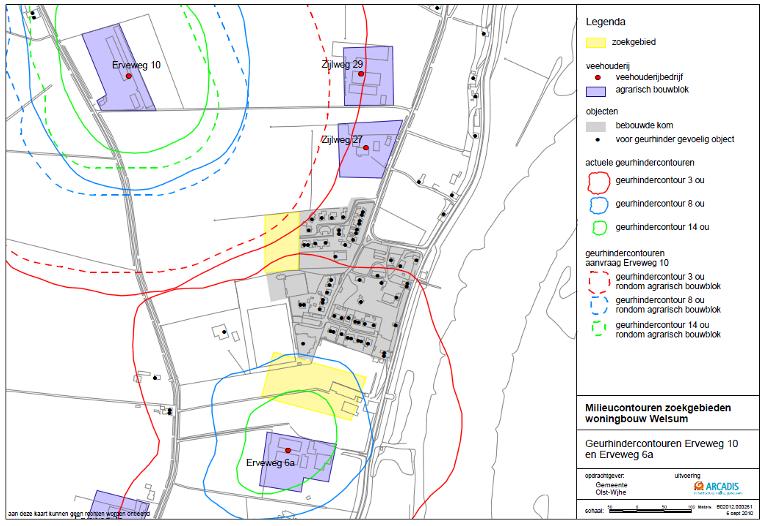 Nieuw aangevraagde vergunning Erveweg 10 In de aangevraagde situatie is er geen overlap van de 3 ou-contour met de bebouwde kom wanneer de contouren vanaf het emissiepunt berekend worden.