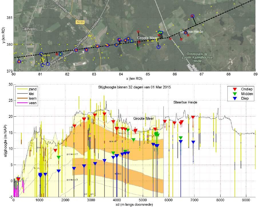 Uit deze patronen blijkt dat de grondwaterstroming tussen het freatische grondwater en de diepe aquifer voornamelijk verticaal infiltrerend is gericht.