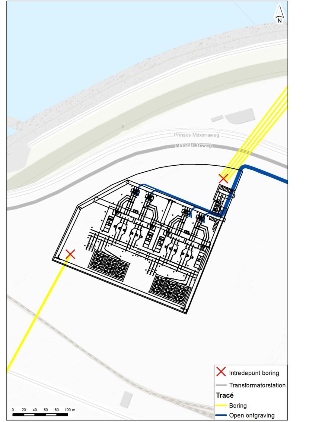 Afbeelding 5.4 Overzicht indeling terrein transformatorstation 1 1 In dit overzicht start de gestuurde boring onder het Yangtzekanaal door aan de westzijde van het transformatorstation.