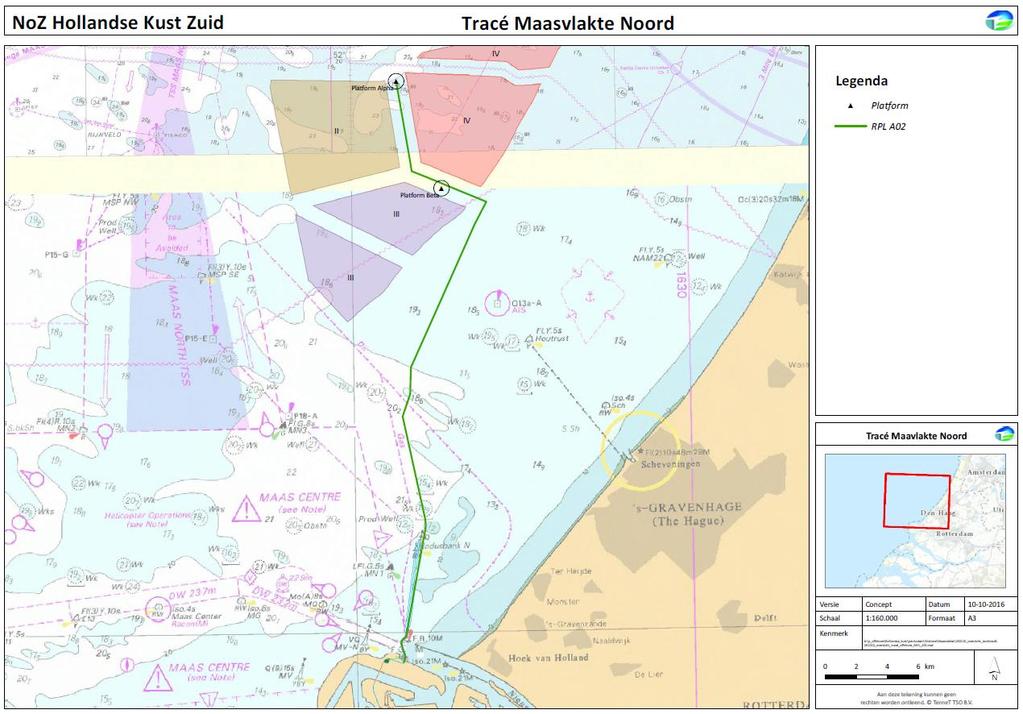 3.2 Situatieschets 380-220kV zee- en landkabels Het kabel tracé ligt in de Noordzee, komend vanaf twee platforms bij de toekomstige windparken naar de kust, waarna de kabel aan land komt en deze