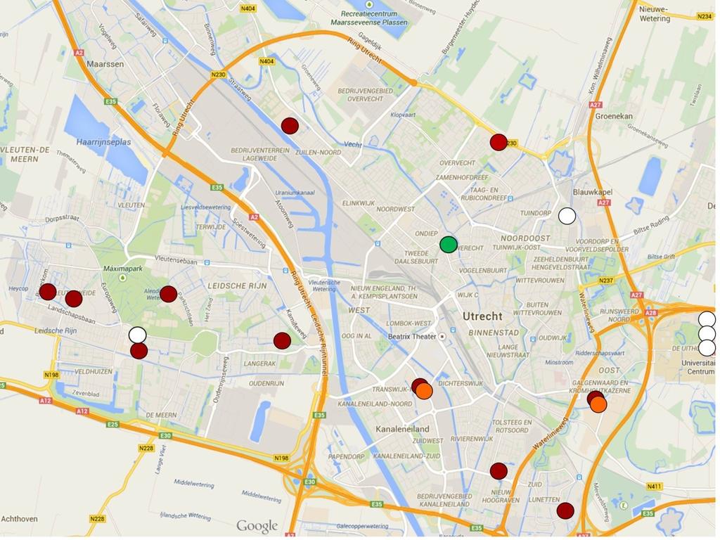 Rood: bestaande sporthal, Oranje: tweede sporthal op zelfde locatie, Groen: wordt nog gerealiseerd Wit: particuliere sporthal West In West is nu geen sporthal en op basis van het kengetal is er een