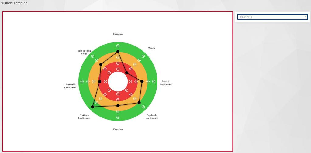 Aan de linkerkant is de netwerkradar zichtbaar met daarin opgenomen de scores voor alle samenhangende zorgplanonderdelen op een vijfpuntsschaal (zie rode kader in