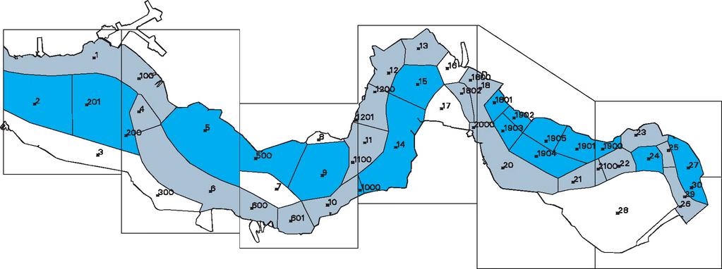 Dieptekaarten (Bijlage B), erosie-en sedim entatiekaarten (Bijlage C) en kaarten m et de bagger, stort en zandwinlocaties per jaar op overheadsheet voor de periode 1990-2002 (B ijlage D).