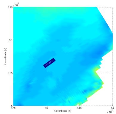 Figuur 2.10: 2 situaties met een verdieping (donkerblauw) in het Markermeer. Stroming (rode pijl) parallel (links) en stroming loodrecht (rechts) (Vijverberg, 2008).