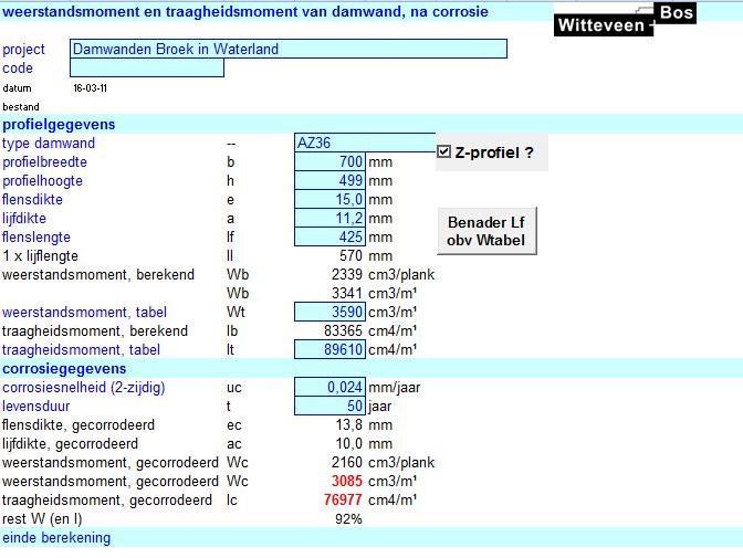 Het resterende weerstandsmoment bedraagt 3085 cm3/m. Dit is meer dan het weerstandsmoment van een AZ28. Aangetoond is dat een AZ28 aan de vervormingseis voldoet.